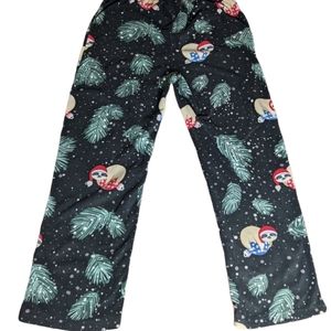 Sloth Black Soft Fleece Pajama Pant M Wide Leg Winter Snow Christmas Pine Trees